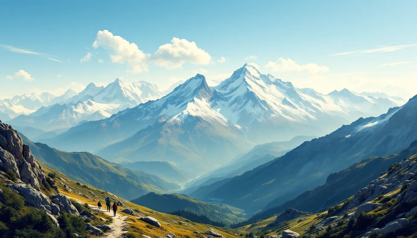 Ilustración de las cumbres de Sierra Nevada con senderos de montaña y valles verdes