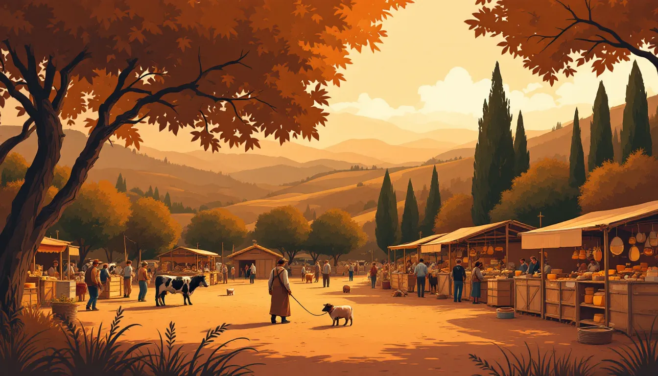 Ilustración editorial de feria ganadera tradicional española con puestos artesanos y paisaje de dehesa