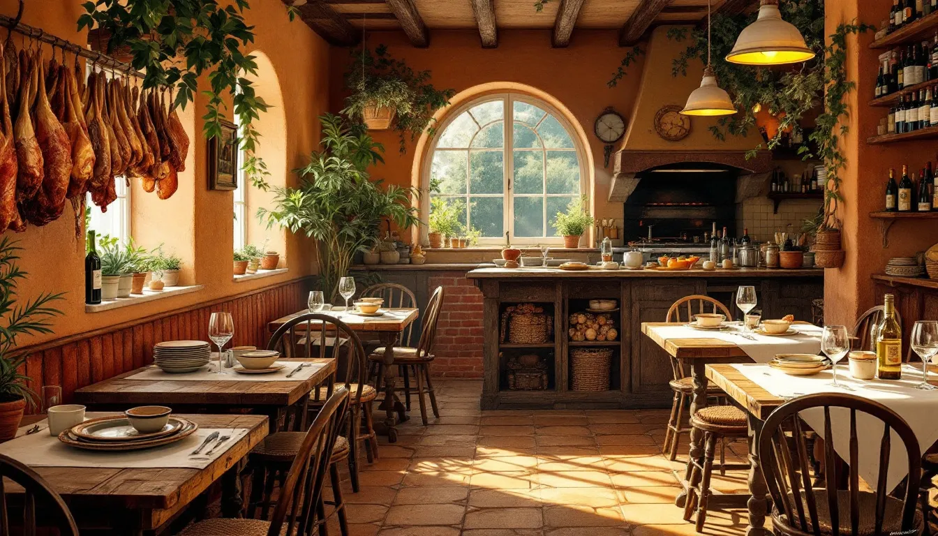 Ilustración de interior acogedor de restaurante rural español con luz cálida y cocina tradicional