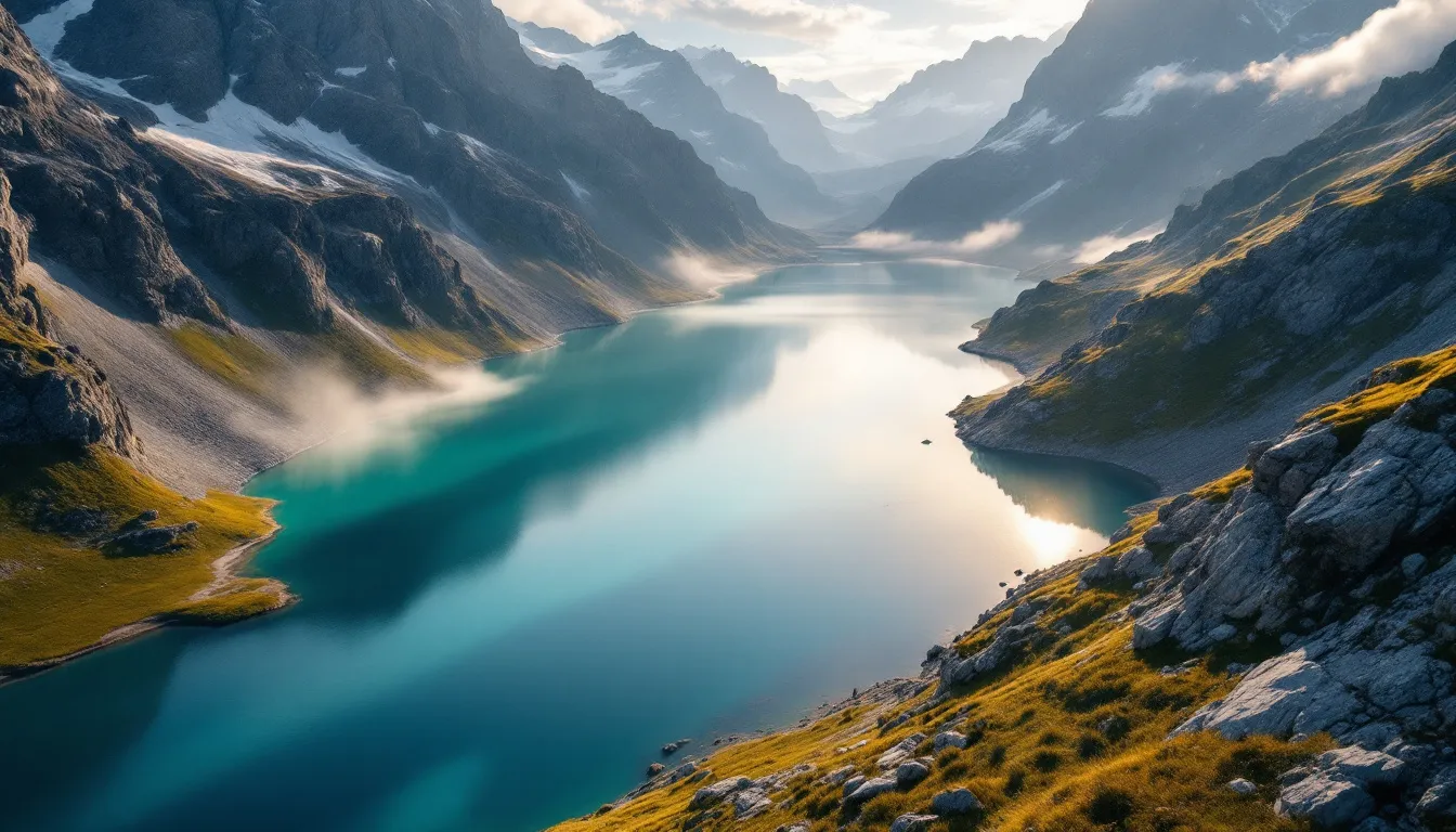 Vista aérea ilustrada de un lago glaciar de aguas turquesas rodeado de montañas y praderas alpinas