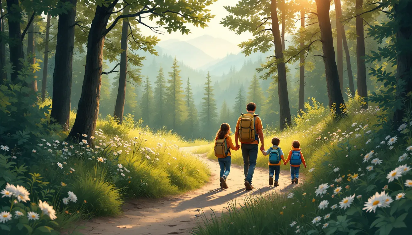Ilustración de familia senderista con niños en sendero natural arbolado con luz cálida
