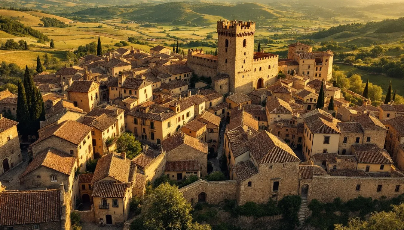 Vista aérea ilustrada de pueblo medieval español con murallas, calles empedradas y castillo central