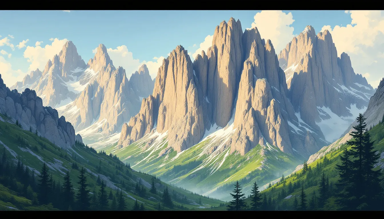 Ilustración de los picos calcáreos del macizo de los Picos de Europa emergiendo entre valles verdes
