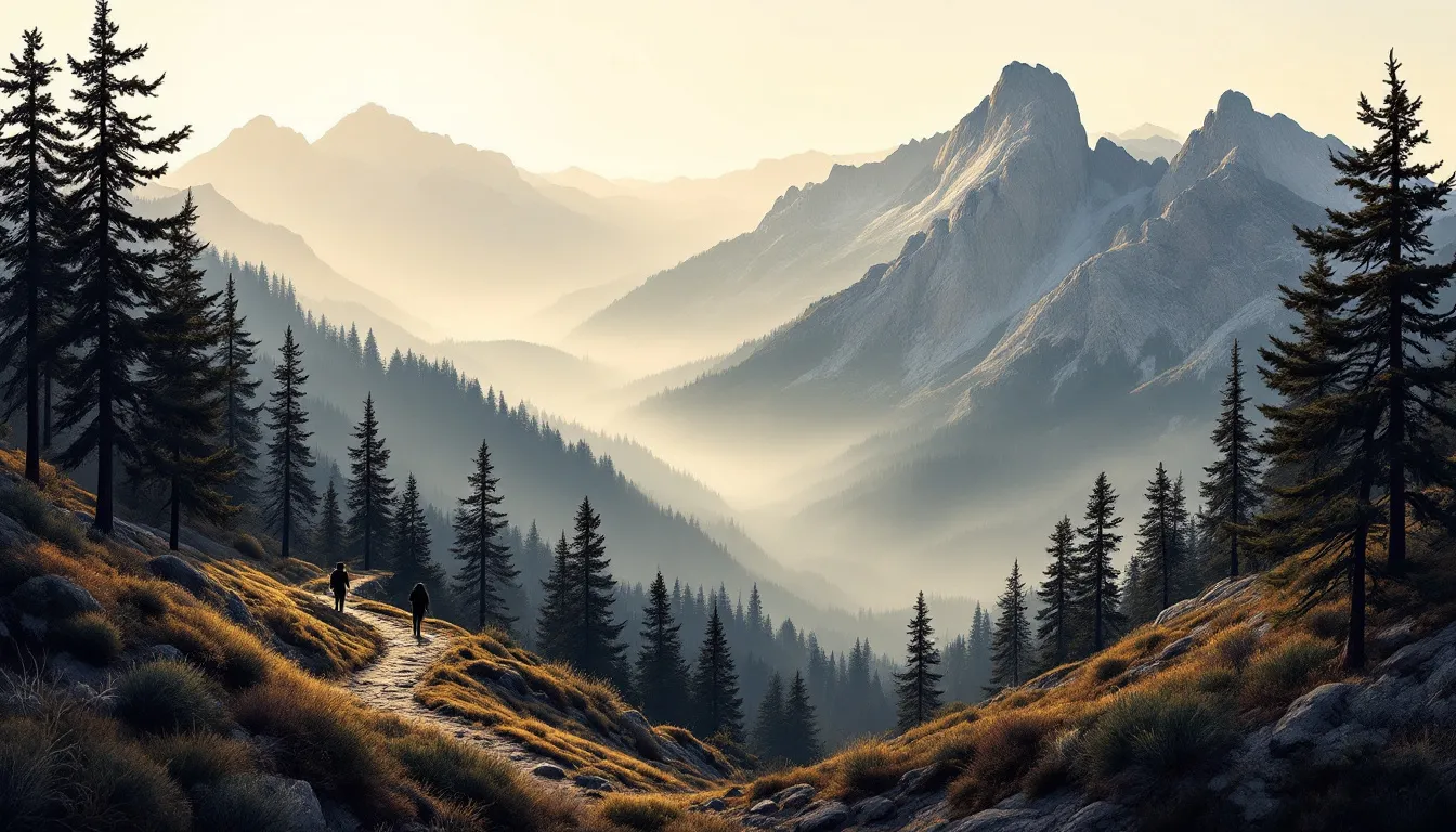 Ilustración editorial de la Sierra de Guadarrama con picos graníticos y sendero de montaña