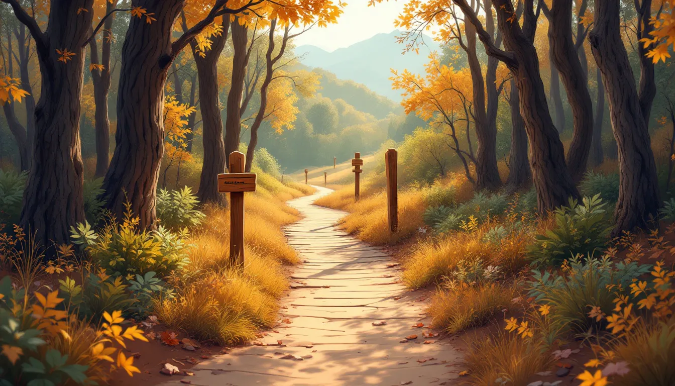 Ilustración de sendero forestal suave atravesando bosque otoñal español con luz filtrada