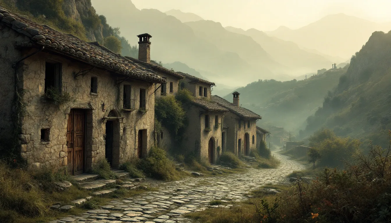 Ilustración editorial de aldea abandonada de montaña con casas de piedra y vegetación