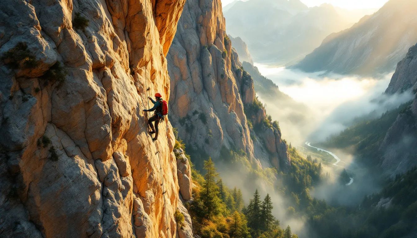 Ilustración editorial de vía ferrata en acantilado montañoso con cable de seguridad y escalador equipado