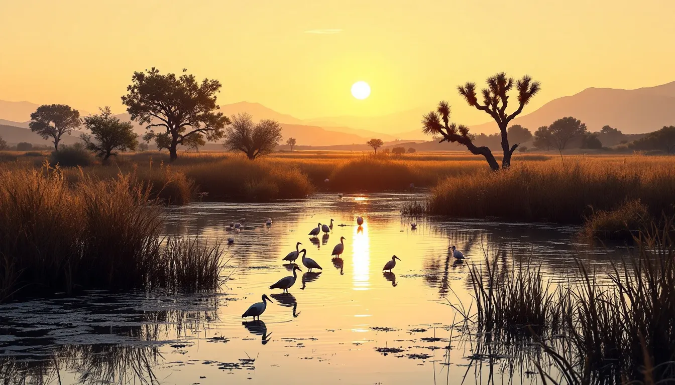Ilustración de humedal protegido al atardecer con aves zancudas y vegetación de marisma