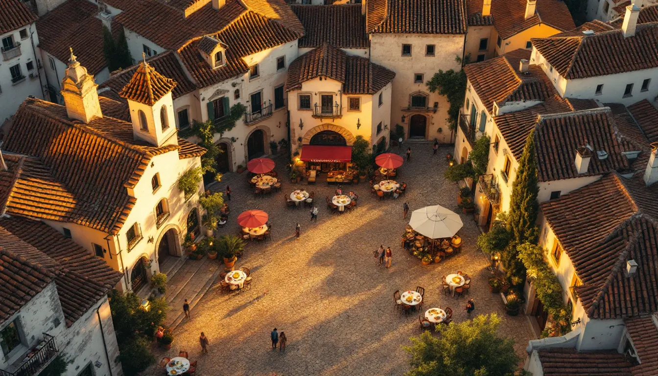 Ilustración de plaza tradicional española con gastronomía local y arquitectura de piedra medieval