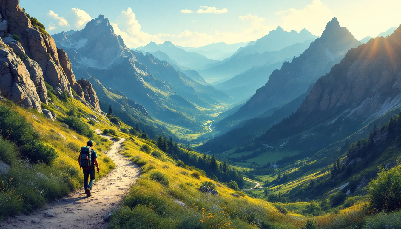 Ilustración de sendero de montaña serpenteante entre picos españoles con senderista