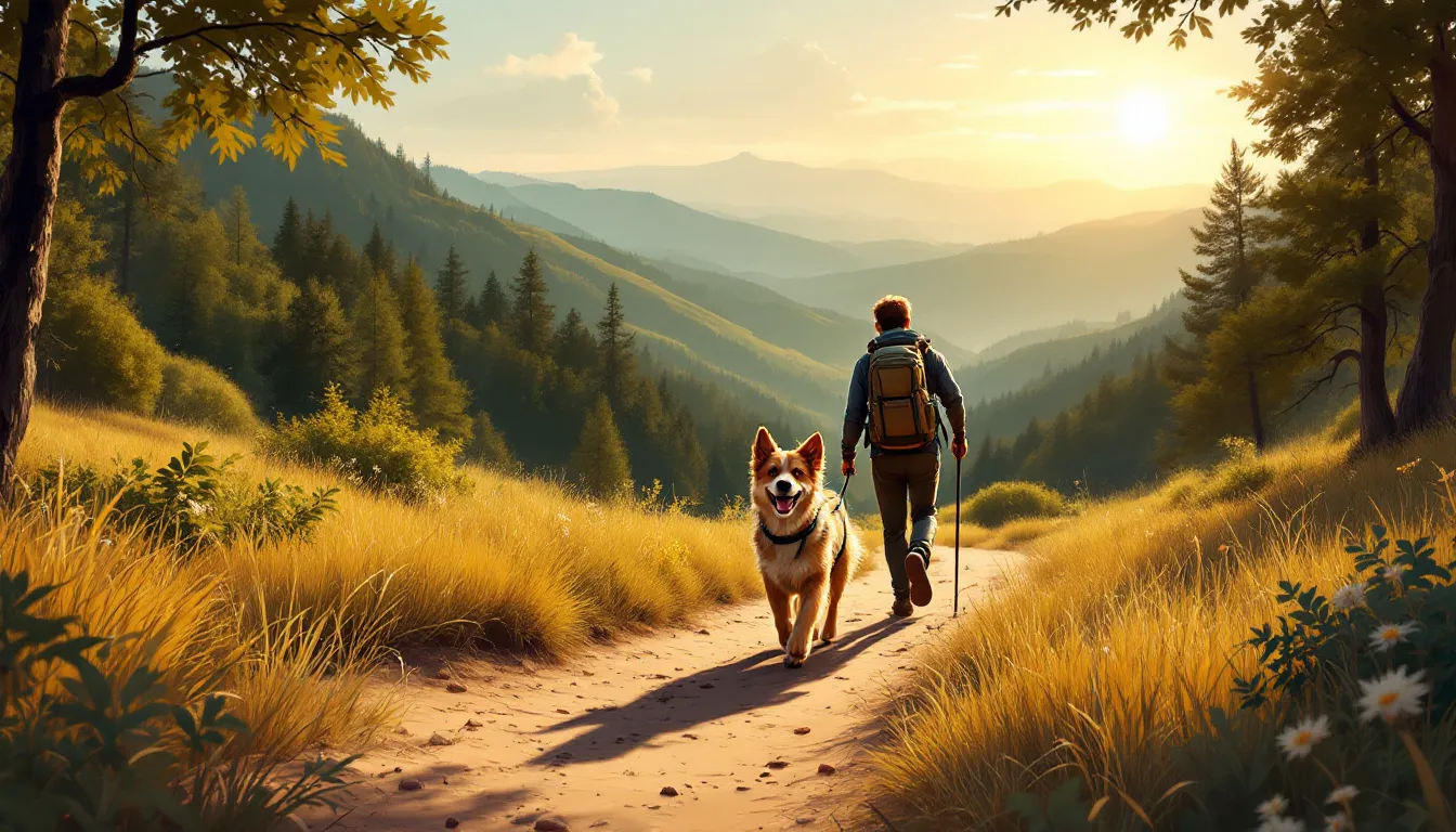 Ilustración de perro disfrutando de ruta de senderismo en paisaje montañoso rural español
