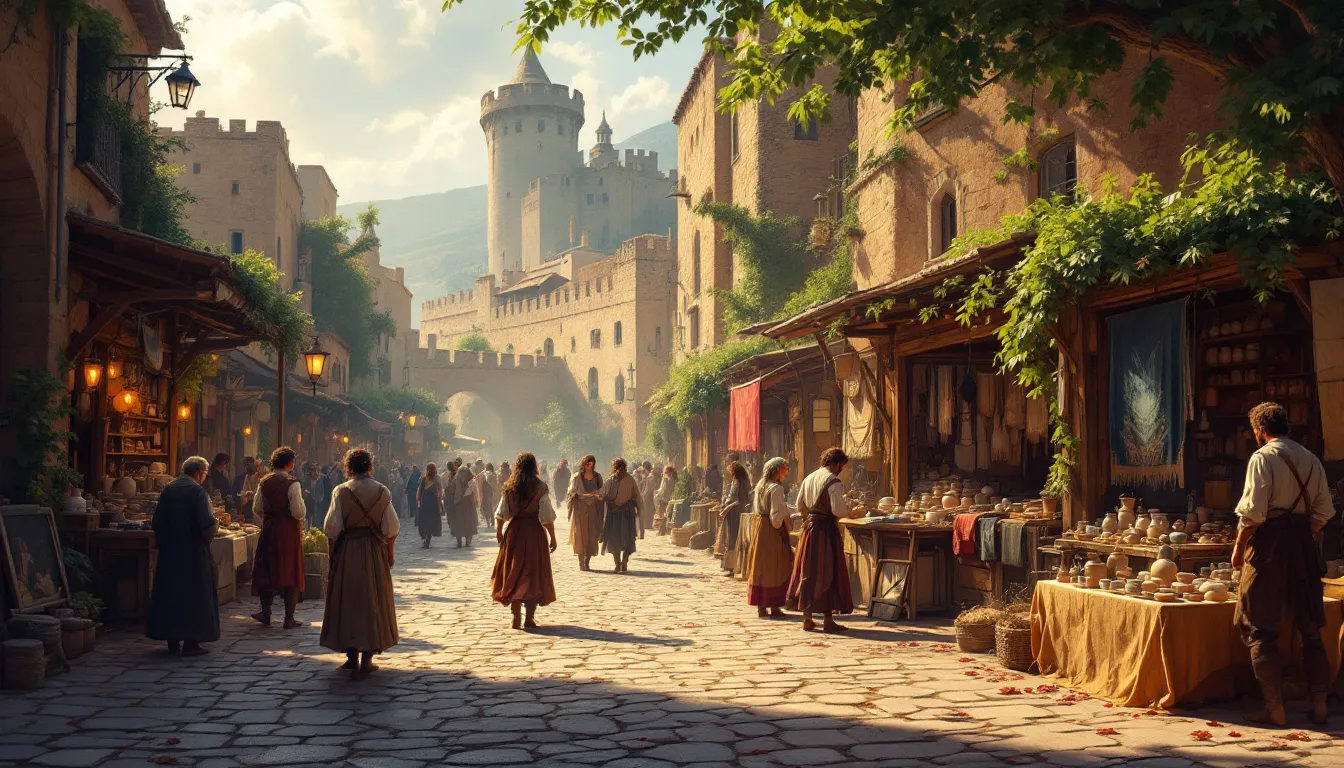 Ilustración de mercado medieval en pueblo histórico español con puestos artesanales y murallas