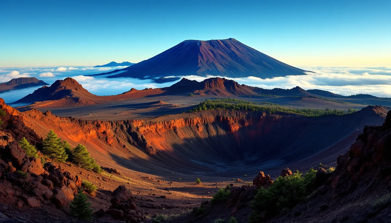 Ilustración del paisaje volcánico del Teide con formaciones rocosas y vegetación endémica bajo cielo despejado