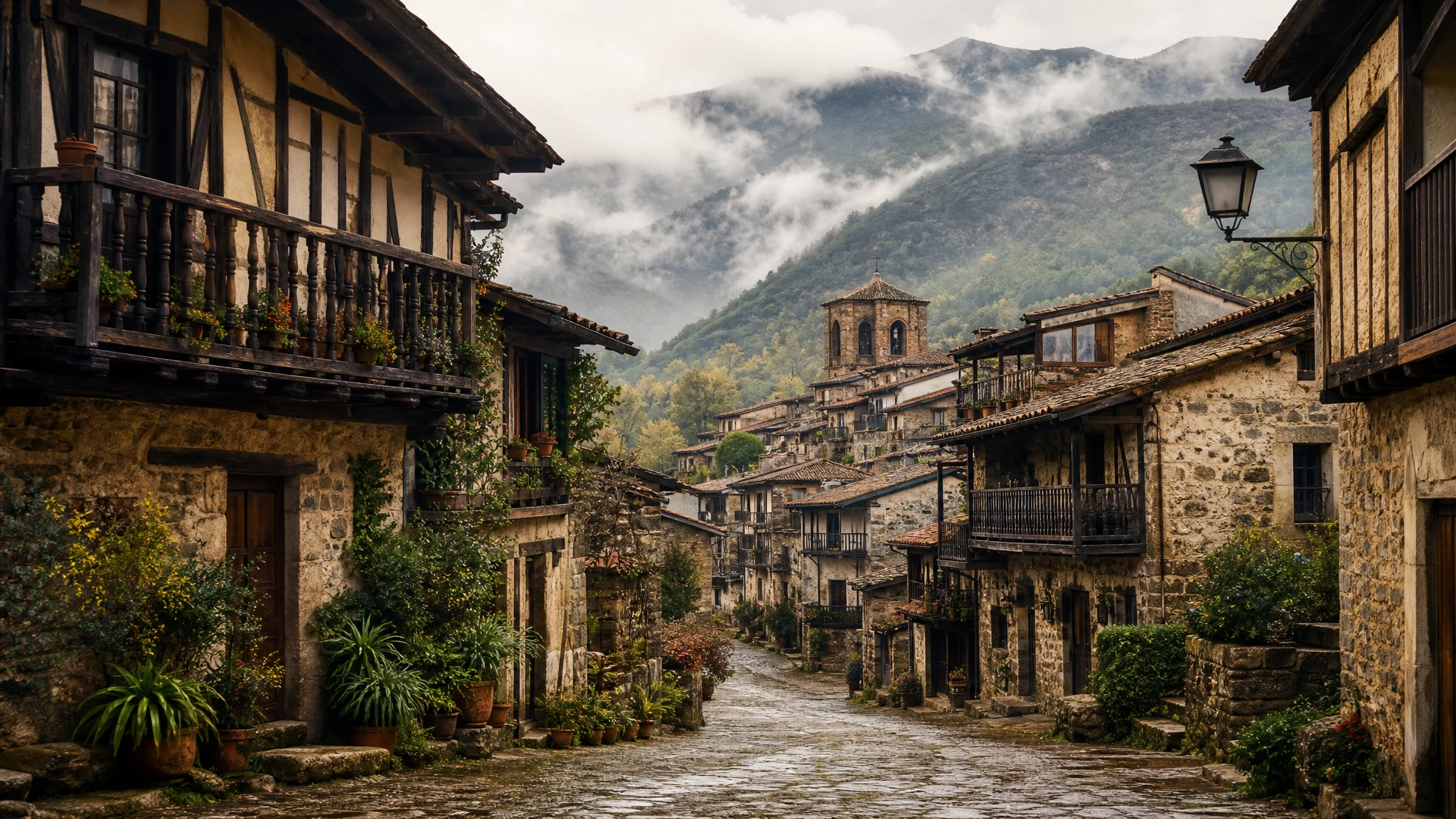 Ilustración de pueblo serrano castellano con arquitectura tradicional de piedra y madera