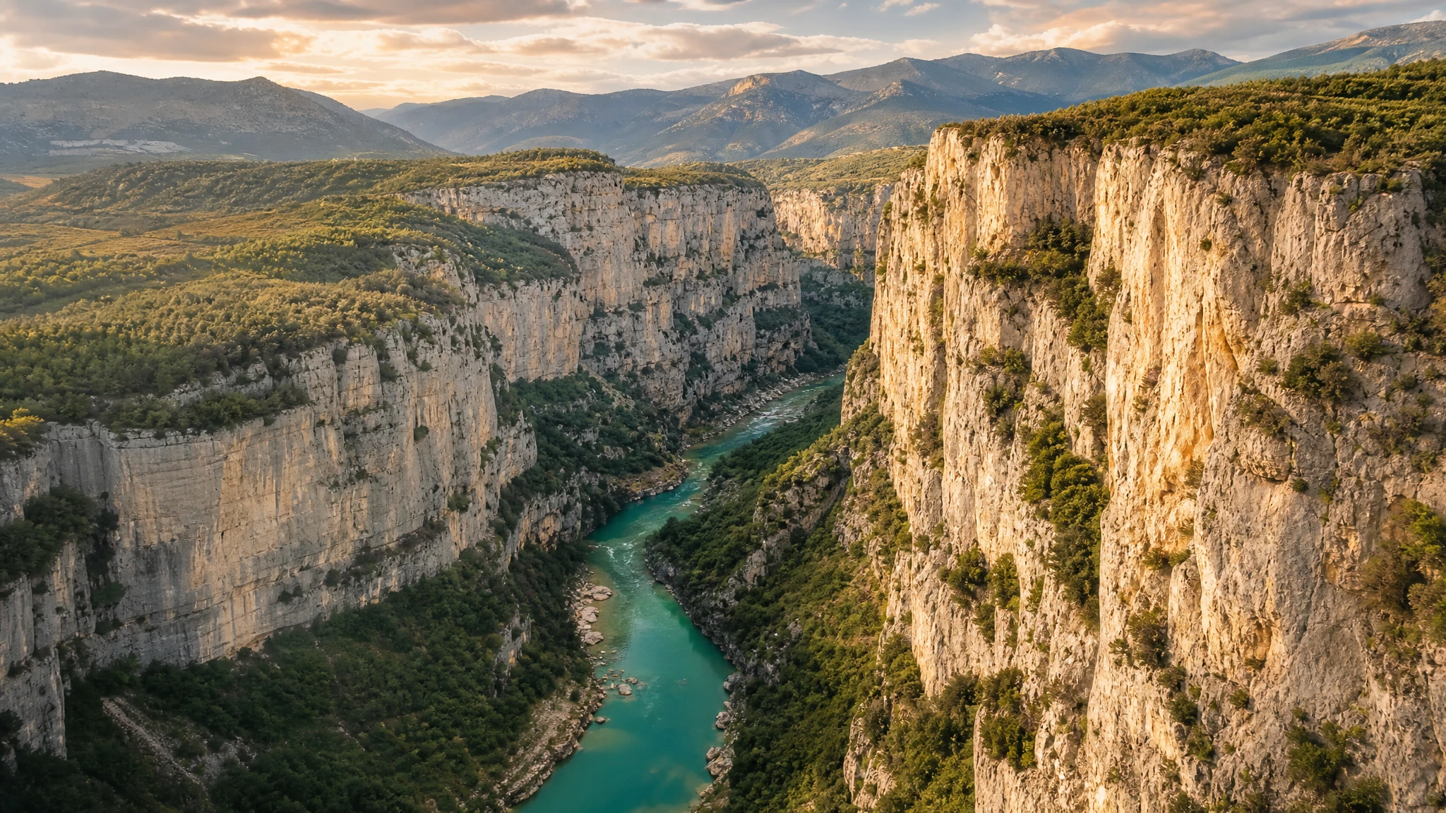Ilustración editorial de un cañón calizo con río turquesa en la Sierra de Guara