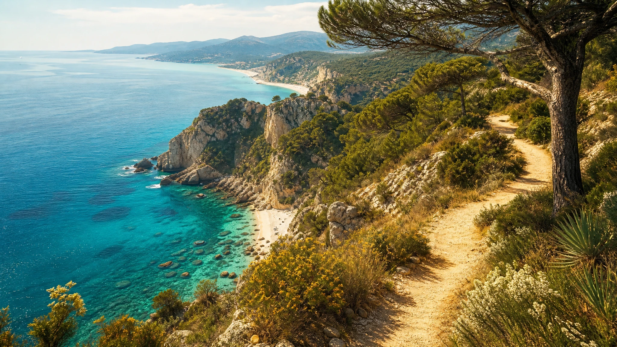 Ilustración de sendero costero mediterráneo con cala turquesa y vegetación autóctona