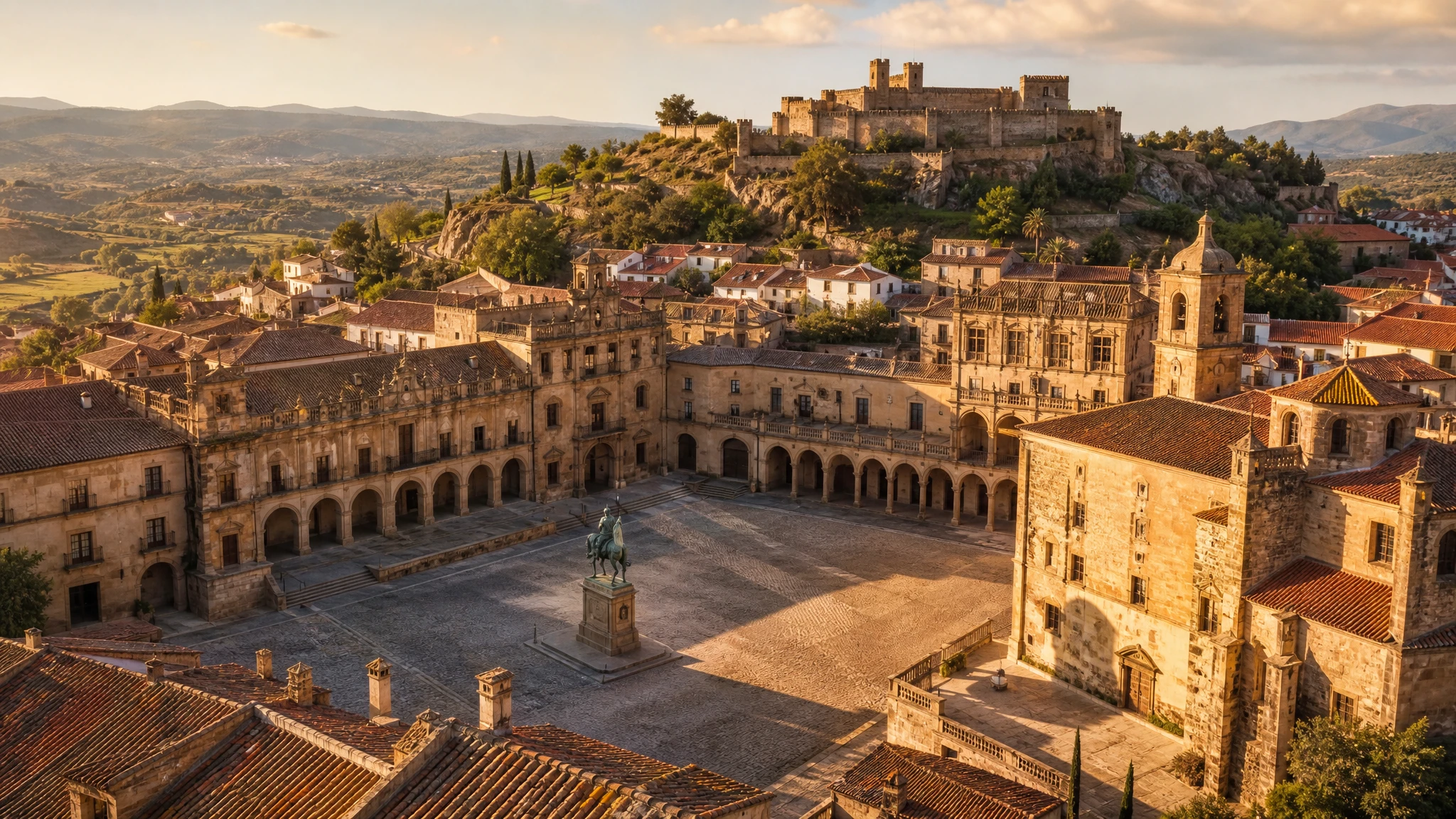 Vista aérea ilustrativa de la Plaza Mayor de Trujillo rodeada de palacios y arquitectura histórica
