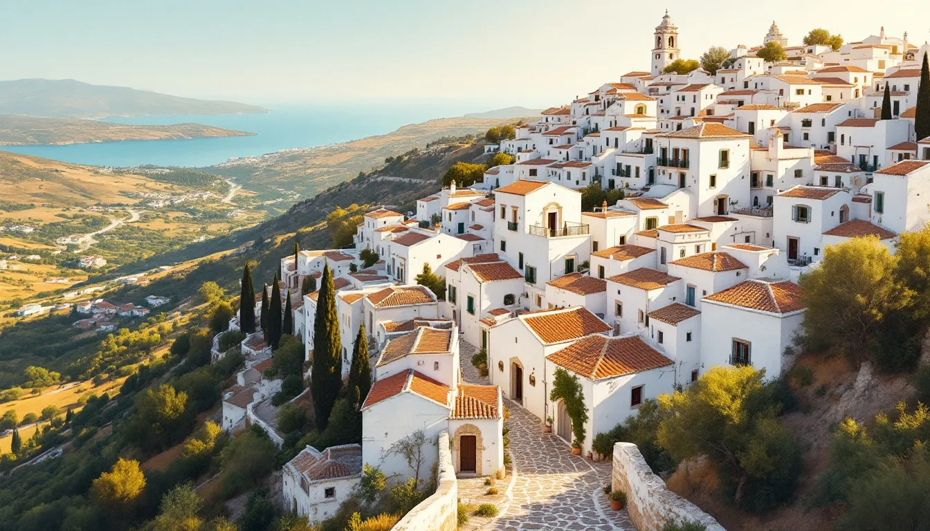 Vista aérea ilustrada de pueblo blanco andaluz en colina con casas encaladas y paisaje mediterráneo
